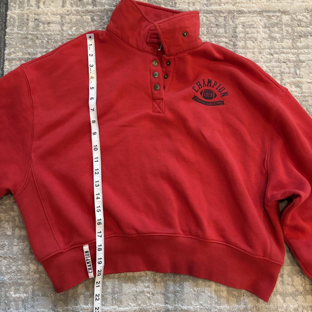 Champion Womens Cropped Snap Neck Sweatshirt Medium Red Physical Education 1919